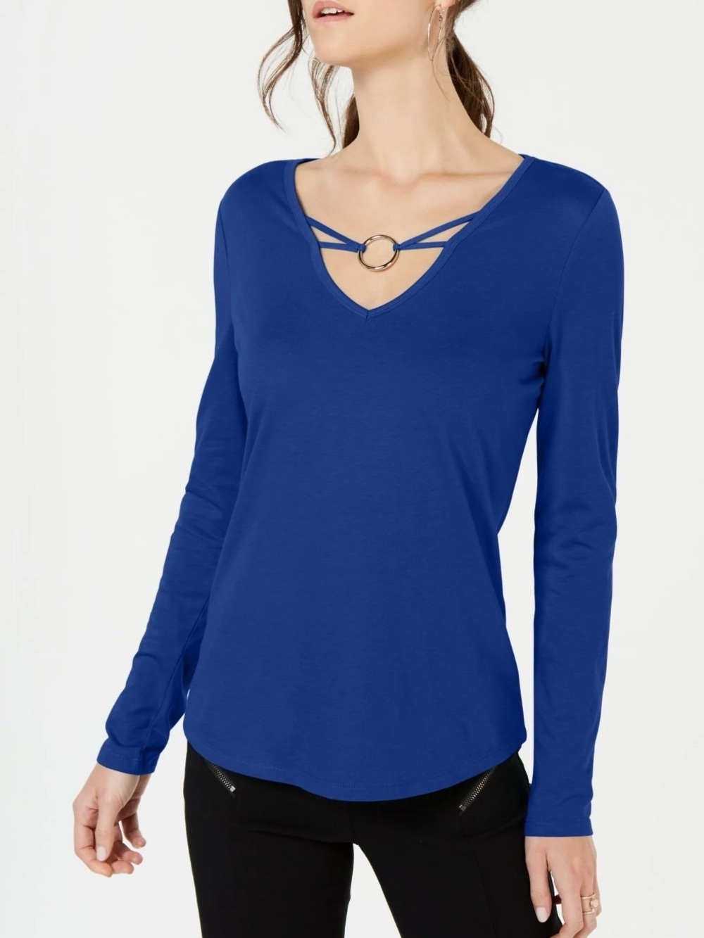 INC Royal Blue Tee with V-Neck, Long Sleeves and Ring Detail